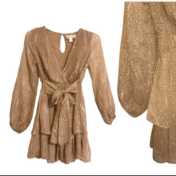 Michael Kors Metallic Gold Shimmer XXS Long Sleeve Mini Dress Party Ruffle Hem - Picture 1 of 16